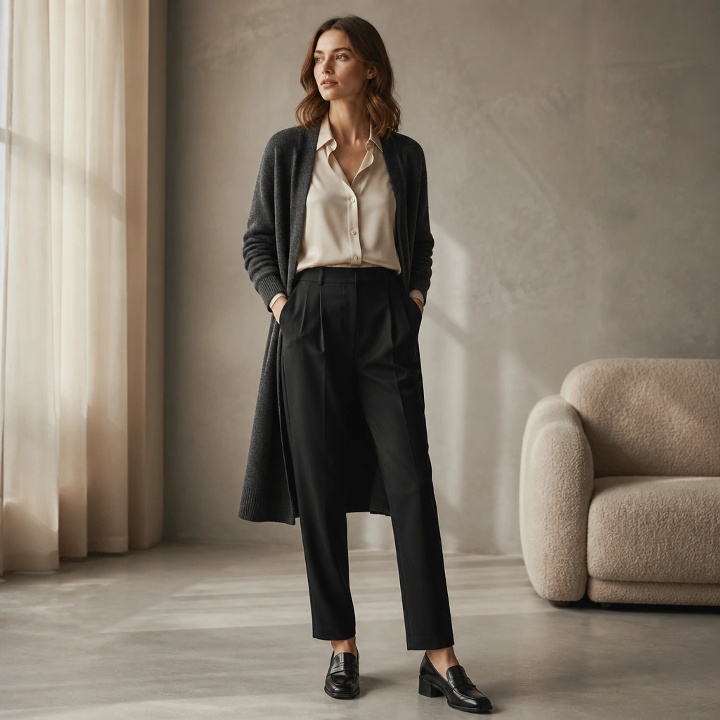 Model in black pleated trousers with a cream silk-look blouse (soft sheen, button front), layered under a longline cardigan in charcoal. Outfit is finished with heeled loafers.