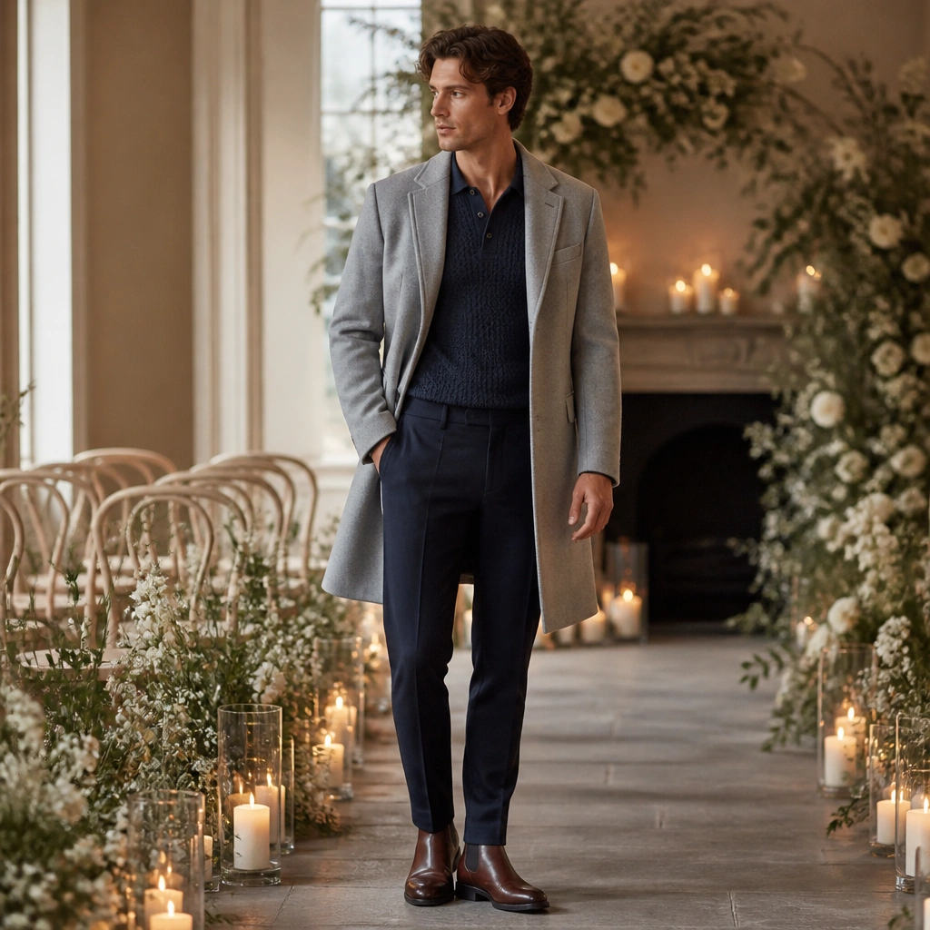 Model wearing navy wool-blend trousers with a textured knit polo shirt, a light gray overcoat, and brown leather Chelsea boots. The setting is a candle-lit indoor wedding.