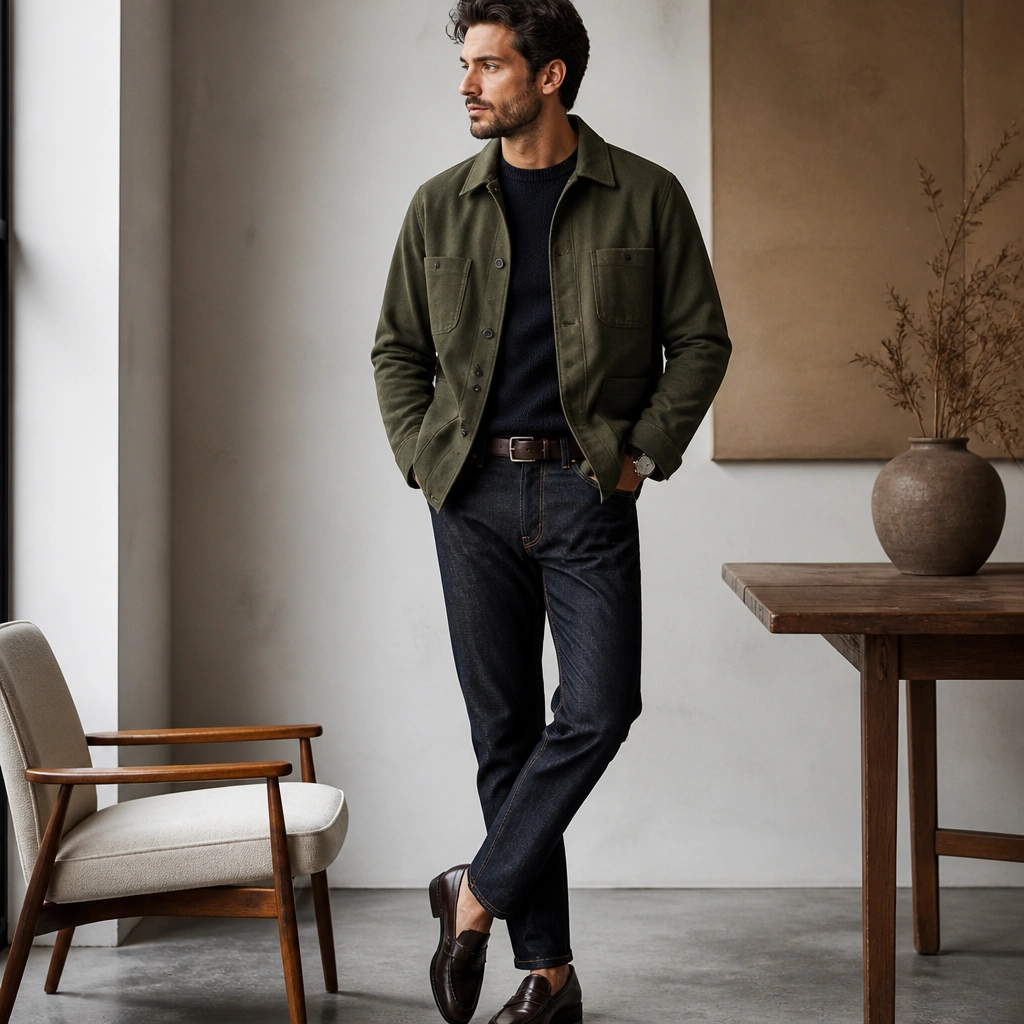 Olive chore jacket over dark indigo denim, styled with a dark knit crewneck and polished loafers. A wristwatch and minimal belt complete the look.