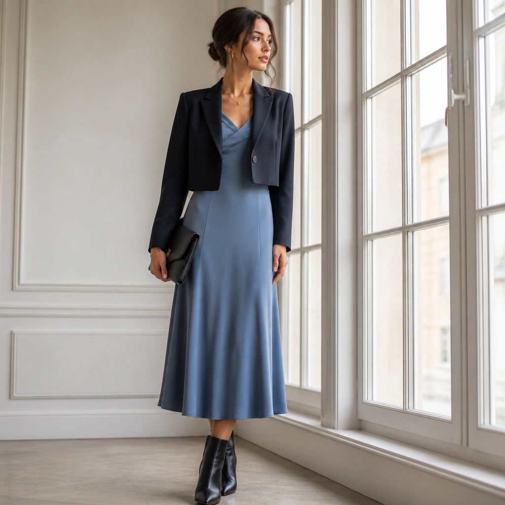 A dusty blue midi dress worn with an underlayer (not visible), a cropped structured blazer in navy, and ankle boots. The model holds a clutch and stands near tall windows.