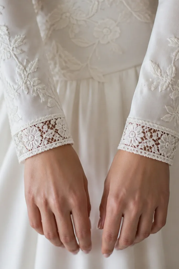 A long sleeve wedding dress close-up showing the end of the sleeves with a new 1-inch lace cuff band stitched over the original hem.