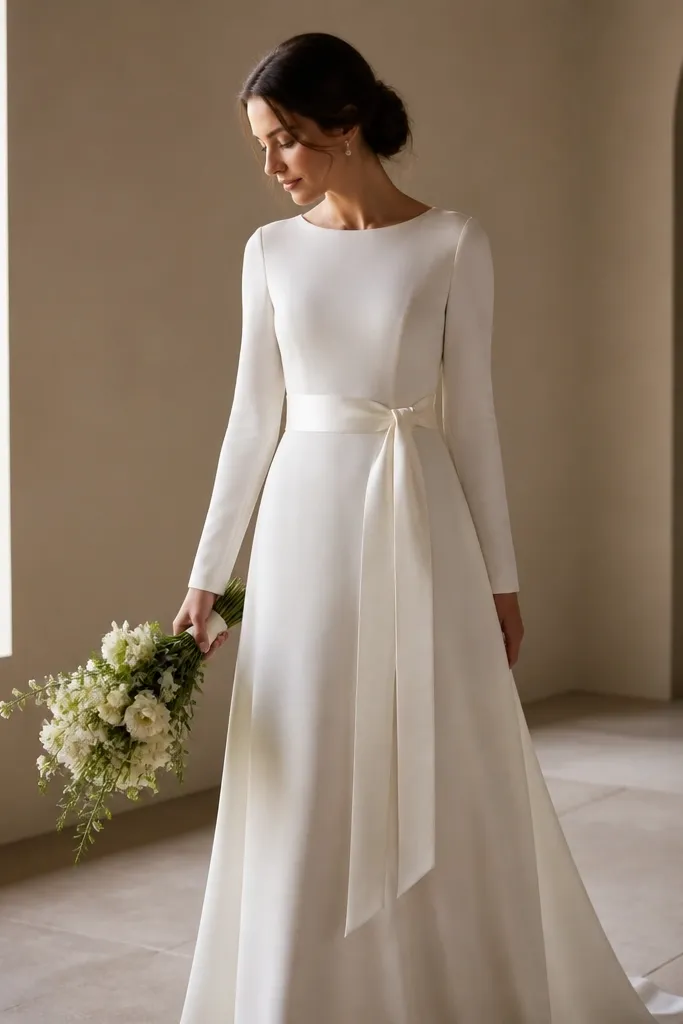 A woman wearing a plain long sleeve wedding dress with a removable satin sash tied at a higher natural waist, creating a defined waistline.