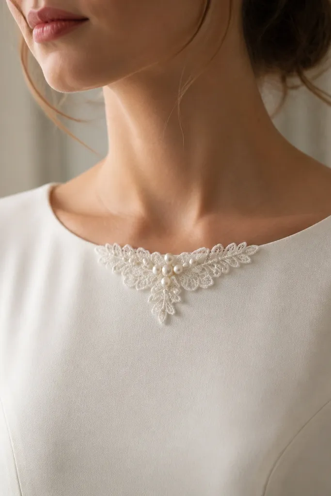 The neckline area of a long sleeve dress with a small pearl-and-lace appliqué centered at the collarbone.
