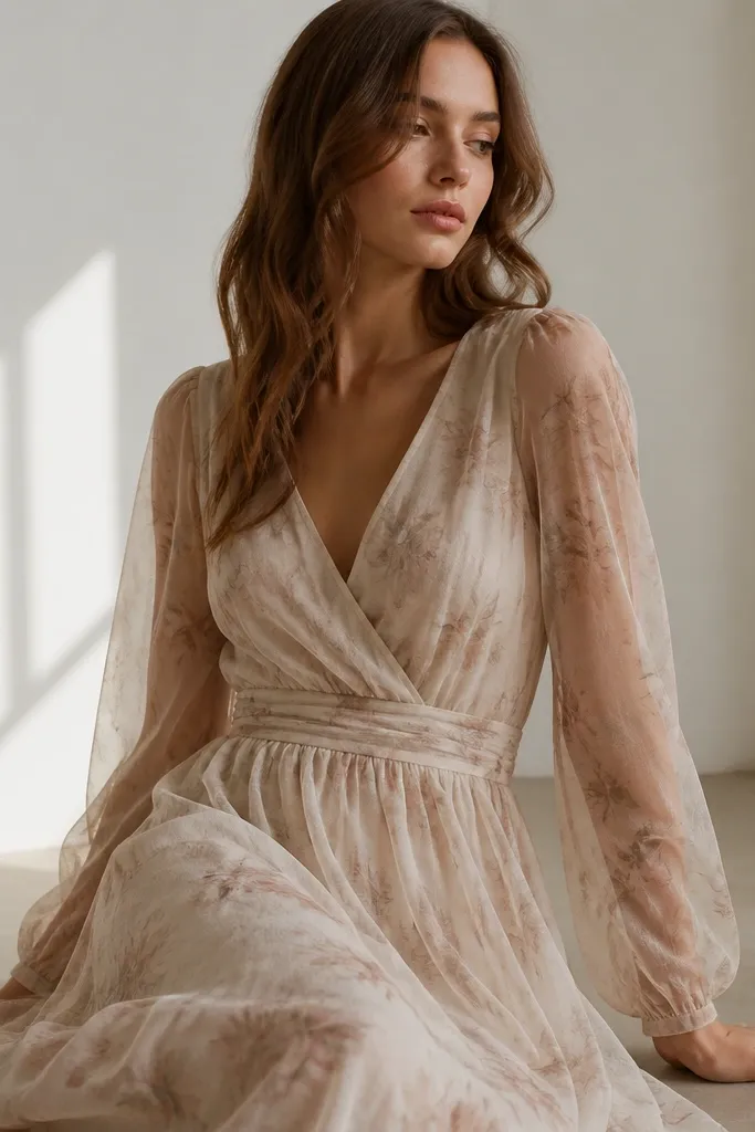 A long sleeve dress with a subtle sheer tulle layer visible over the arms, giving a soft, airy look in natural light.