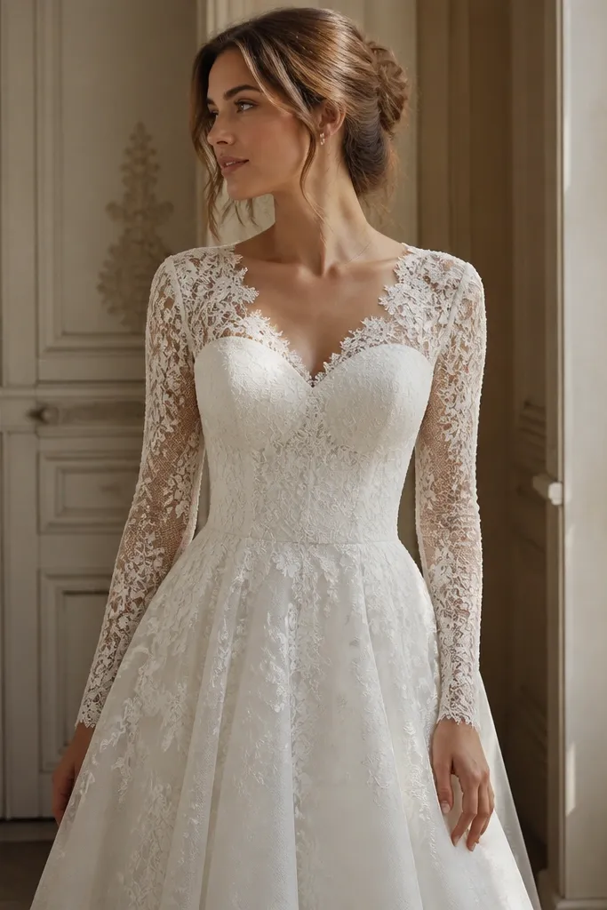 A model wearing a long sleeve wedding dress with structured undergarments shaping the bust and smoothing the bodice.