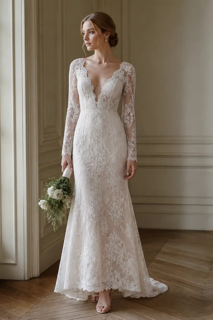 A long sleeve wedding dress with the hem adjusted slightly higher, showing a cleaner silhouette and less pooling.