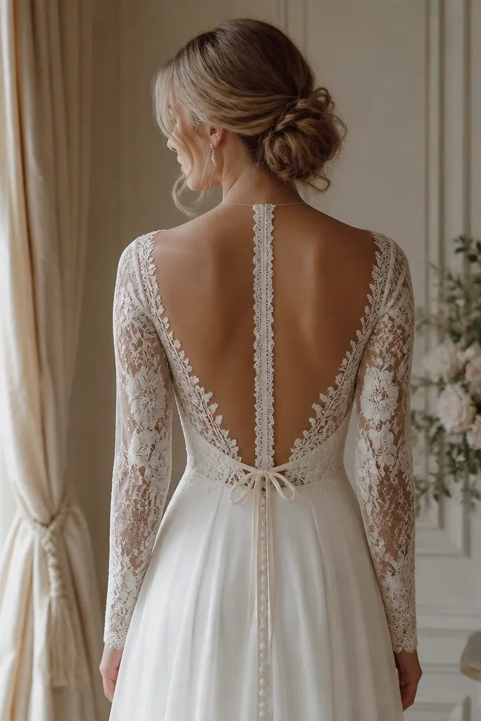 The back of a long sleeve wedding dress with a lace ribbon tie running vertically and a small bow at the lower back.