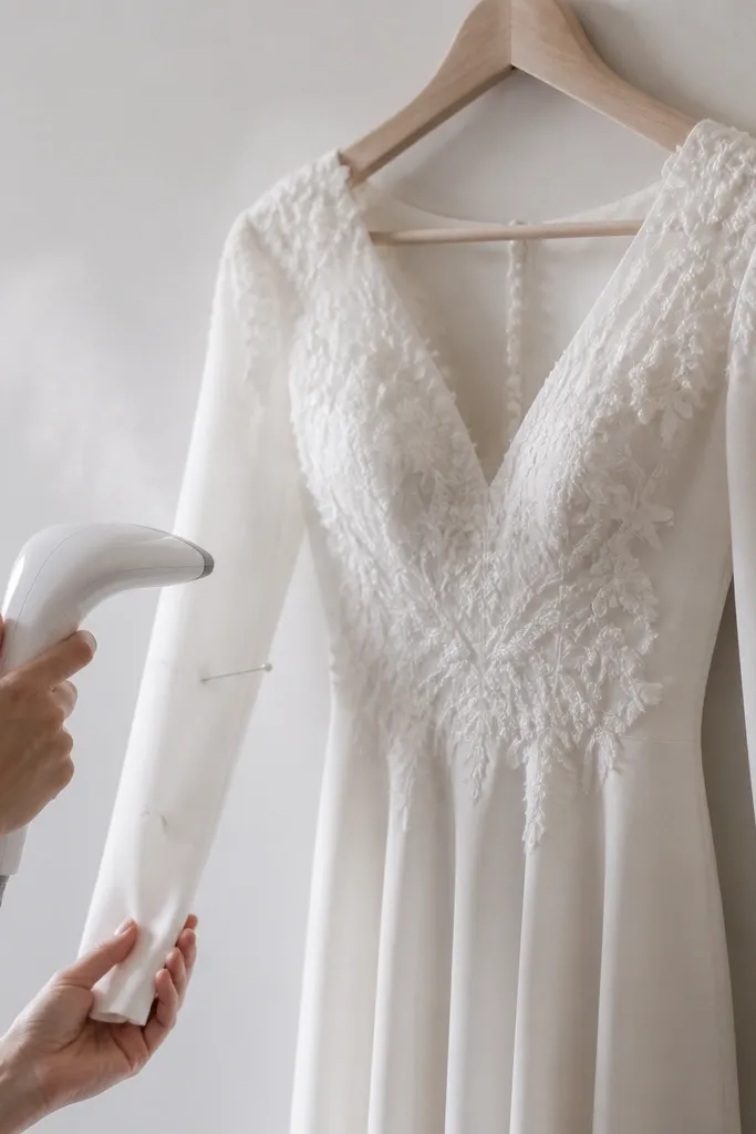 Hands steaming a long sleeve wedding dress while pins hold the elbow area smooth against a hanger.