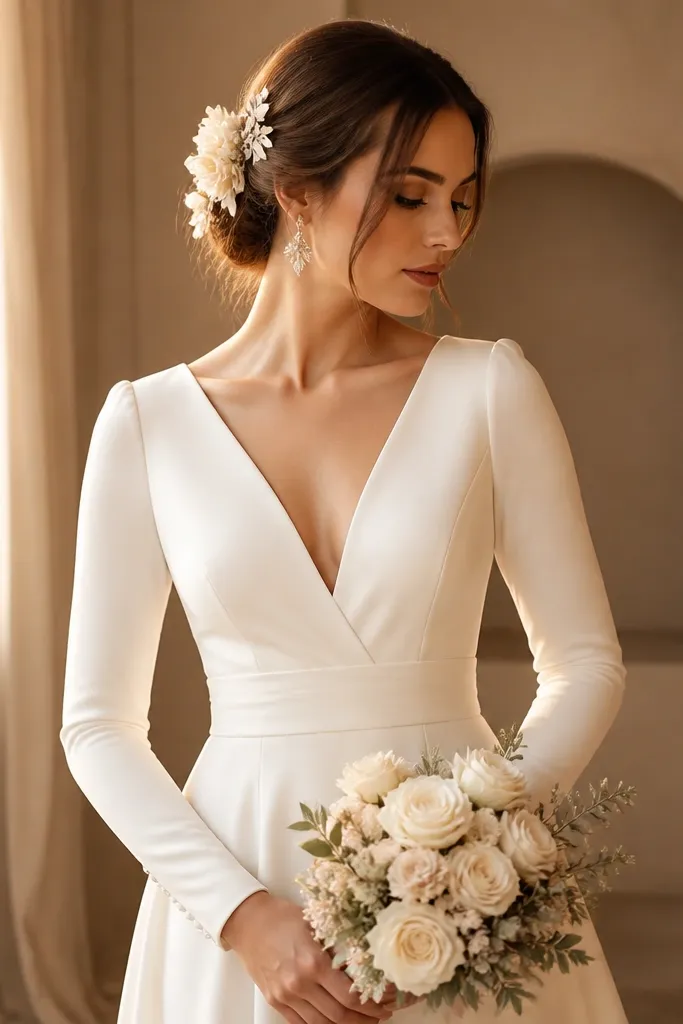 A long sleeve wedding dress styled with ivory earrings and an ivory hairpiece, with warm light highlighting the look.
