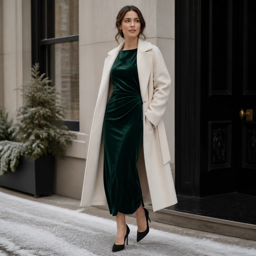 A deep emerald velvet midi dress paired with a cream wrap coat, black pointed-toe heels, and small gold hoop earrings; the dress has a subtle sheen under winter light.