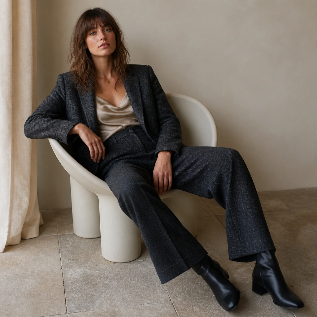 A charcoal tweed blazer and matching trousers with a champagne satin cami underneath; minimal jewelry and ankle boots complete the look.