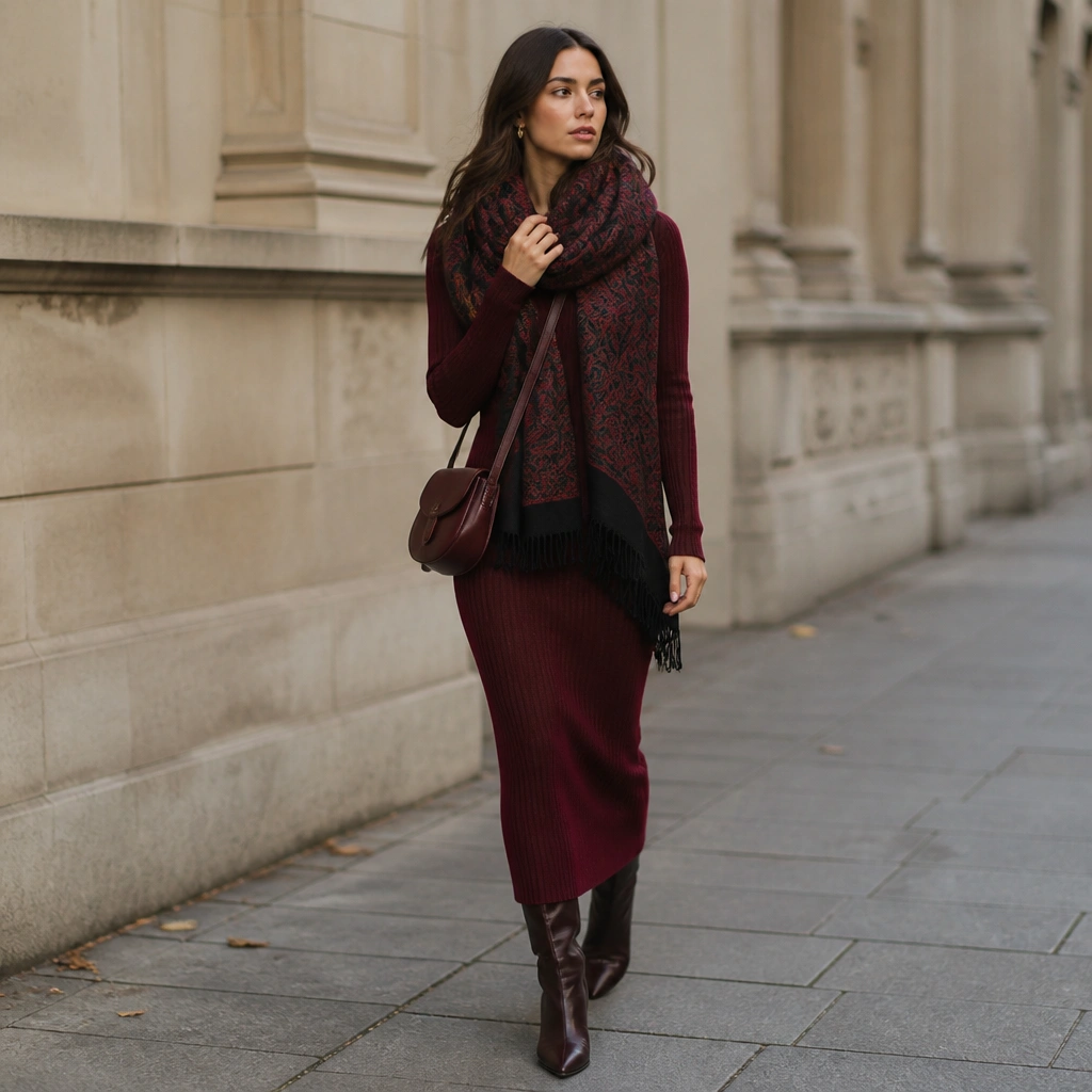 A fitted ribbed knit column dress in wine red with a thick patterned scarf in black and burgundy; tall boots and a small crossbody bag are shown.