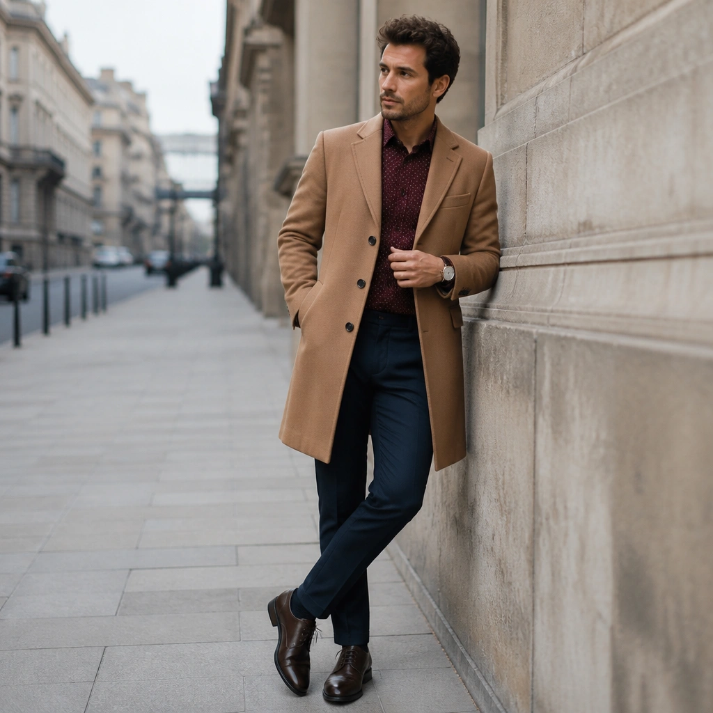 A camel wool overcoat over a burgundy patterned dress shirt, dark navy chinos, and leather lace-up shoes; a simple watch is visible.