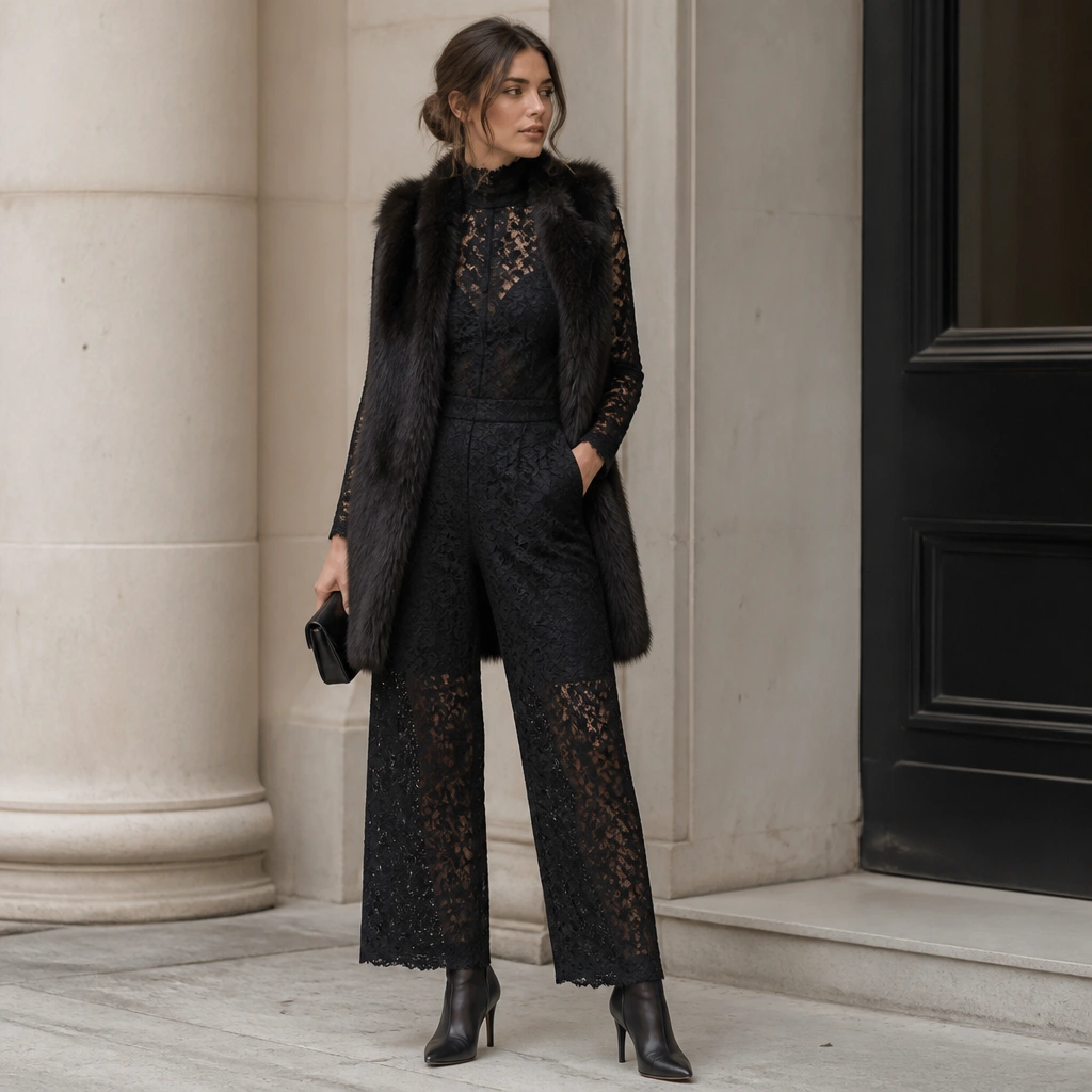 A black lace jumpsuit with a high neckline and wide-leg cut, styled with a longline faux fur vest, sheer tights, and heeled ankle boots.