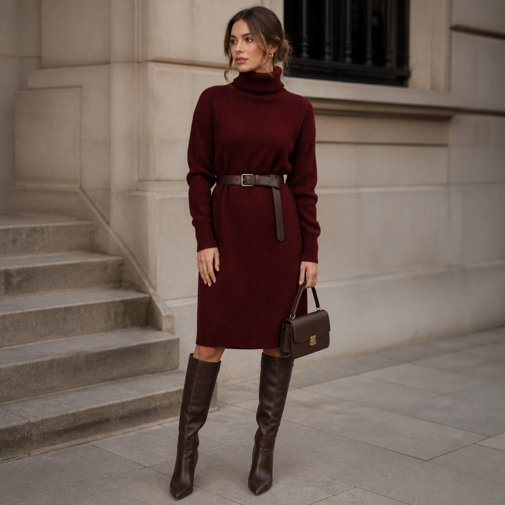 An oxblood sweater dress with a waist belt, paired with knee-high boots in deep brown, plus a small structured handbag.
