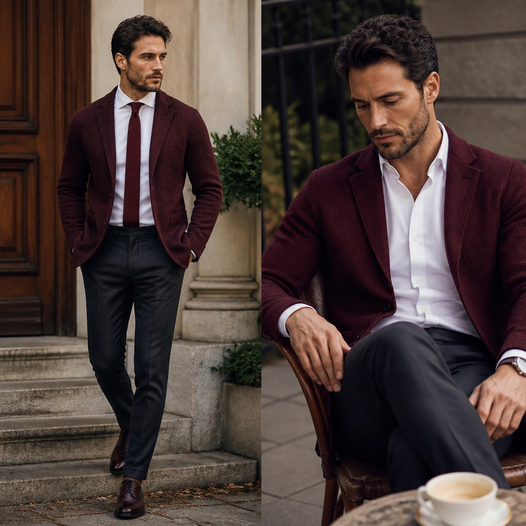 A burgundy knit blazer over a crisp white button-down, dark trousers, and polished leather shoes; the outfit is styled with a knit tie or no-tie look shown.