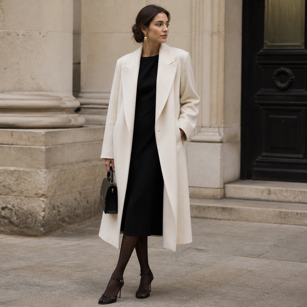 A long cream coat worn over a black midi dress, black tights, and black strappy heels; gold earrings and a structured bag are visible.