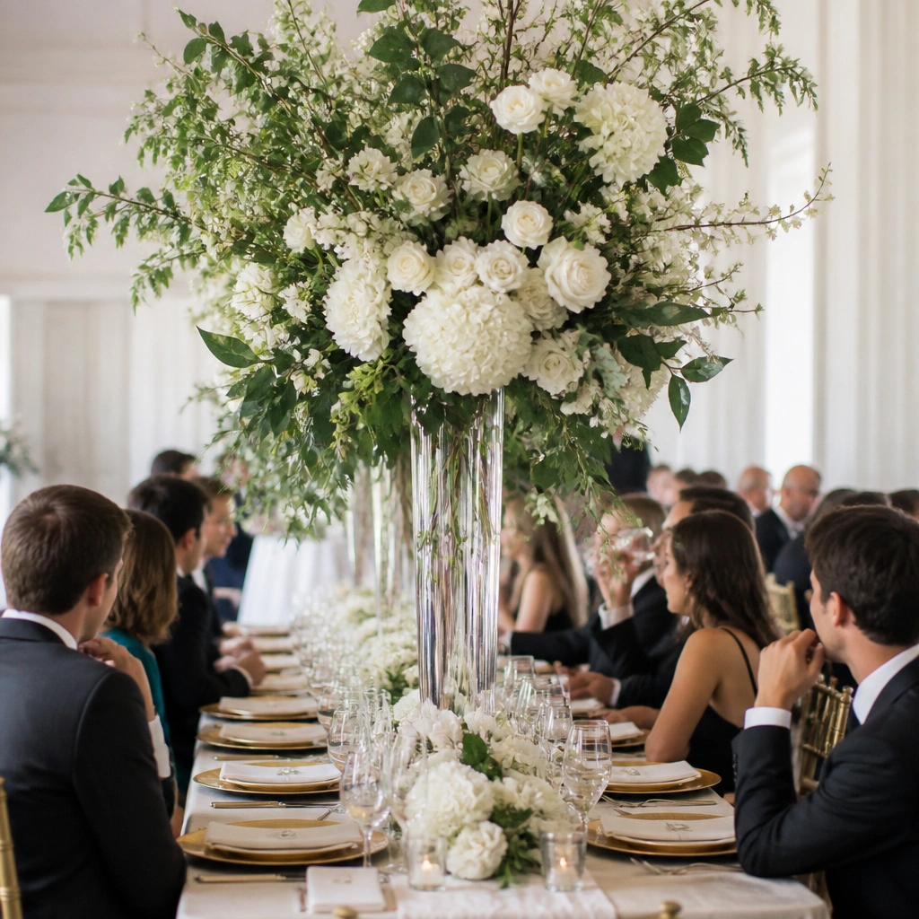 A long rectangular dining table with gold chargers, but the center has an extremely tall floral arrangement in a clear vase, reaching above guests’ eye level; guests’ faces are partially obscured in the photo.