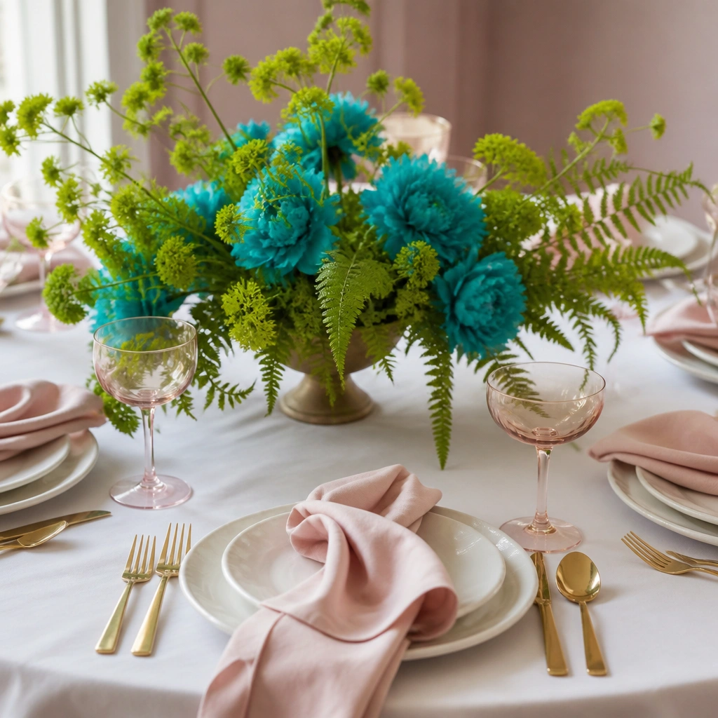 A table scene where blush napkins, a white tablecloth, and gold cutlery are paired with a centerpiece that includes bright teal flowers and neon-green foliage; the colors clash visibly.