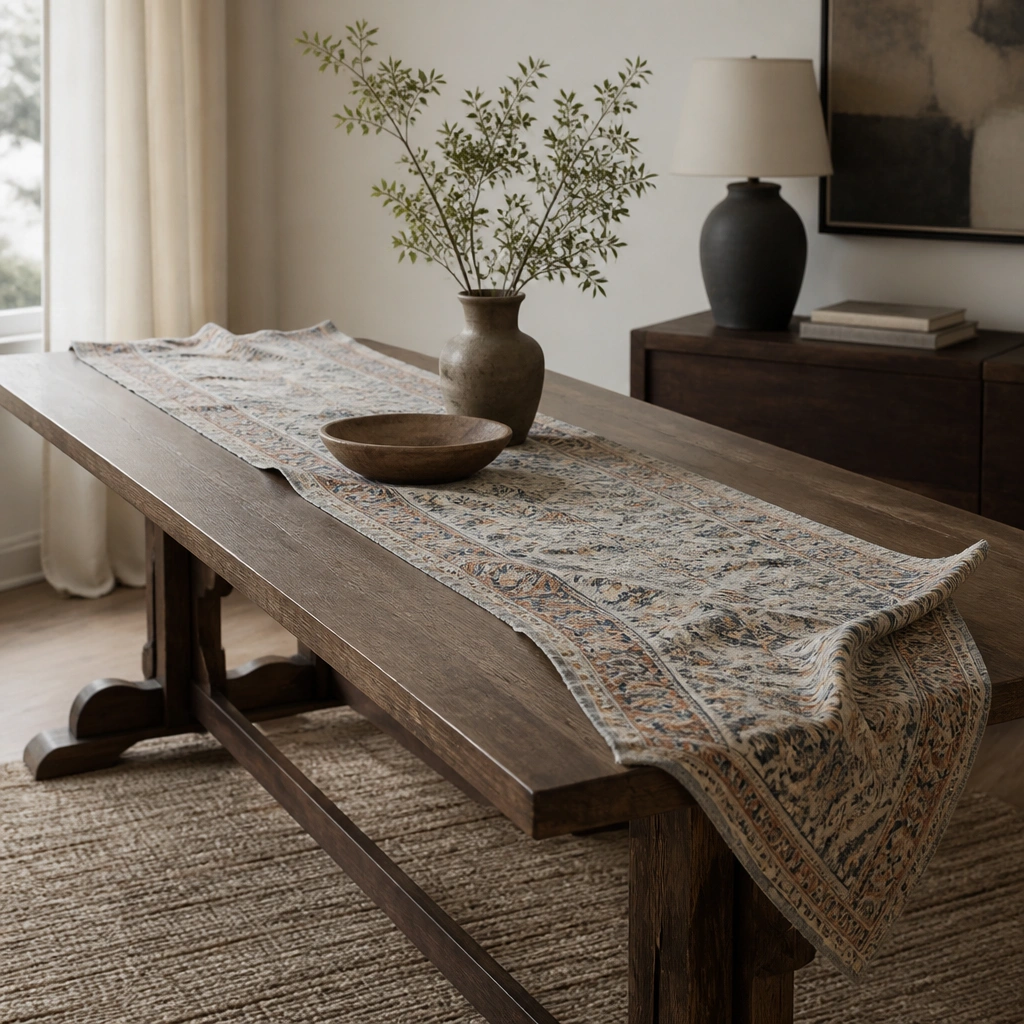 A long table covered with a patterned runner that hangs unevenly on both sides; one end is wrinkled and the runner edges curve upward.