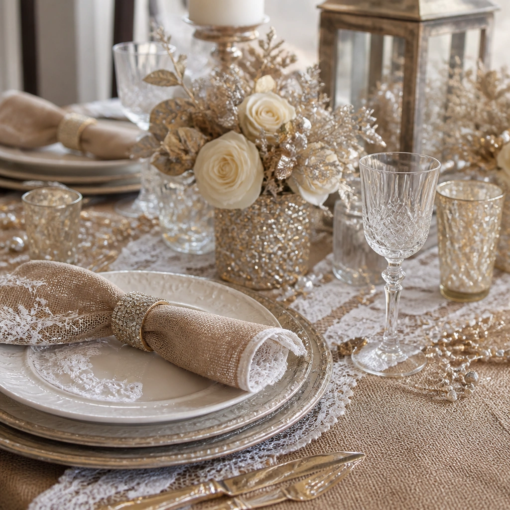A table with burlap, lace overlays, shiny sequin napkin rings, and metallic beads all layered together; the centerpiece also includes glittery accents.