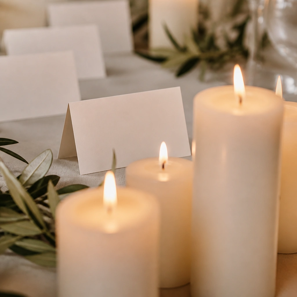 A close view of place cards behind a cluster of pillar candles; flames and candle bases hide parts of the name cards.