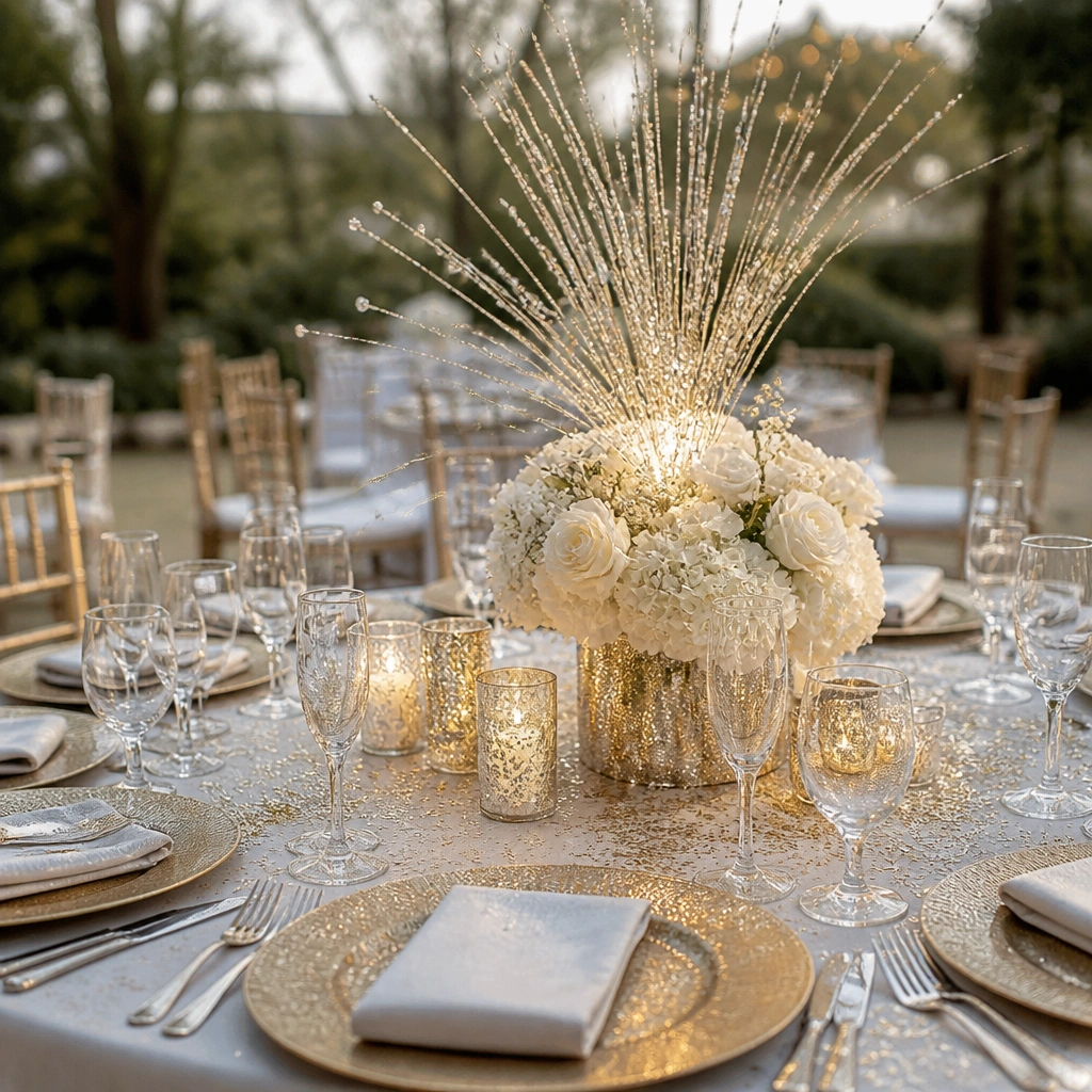 Outdoor reception table with a sparkle-filled centerpiece and scattered glitter near the charger plates; the photo shows some glitter on the tablecloth.