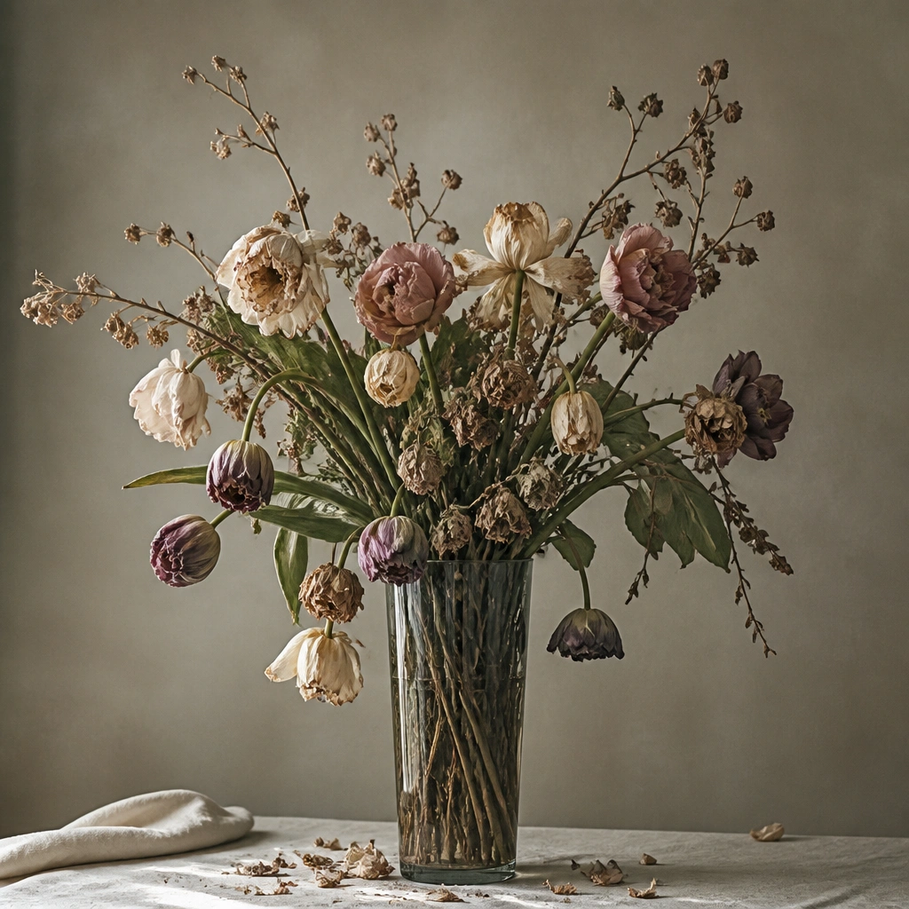 A floral centerpiece in a tall vase with drooping petals and visible dry stems; the arrangement looks tired compared to earlier photos.