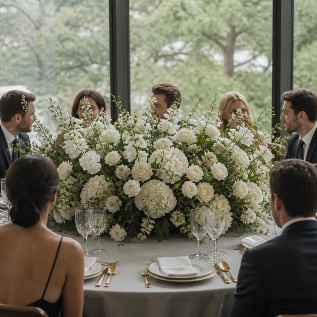 A round-table setup where the centerpiece is so wide it nearly touches the plates at each place setting; guests’ view lines feel blocked.