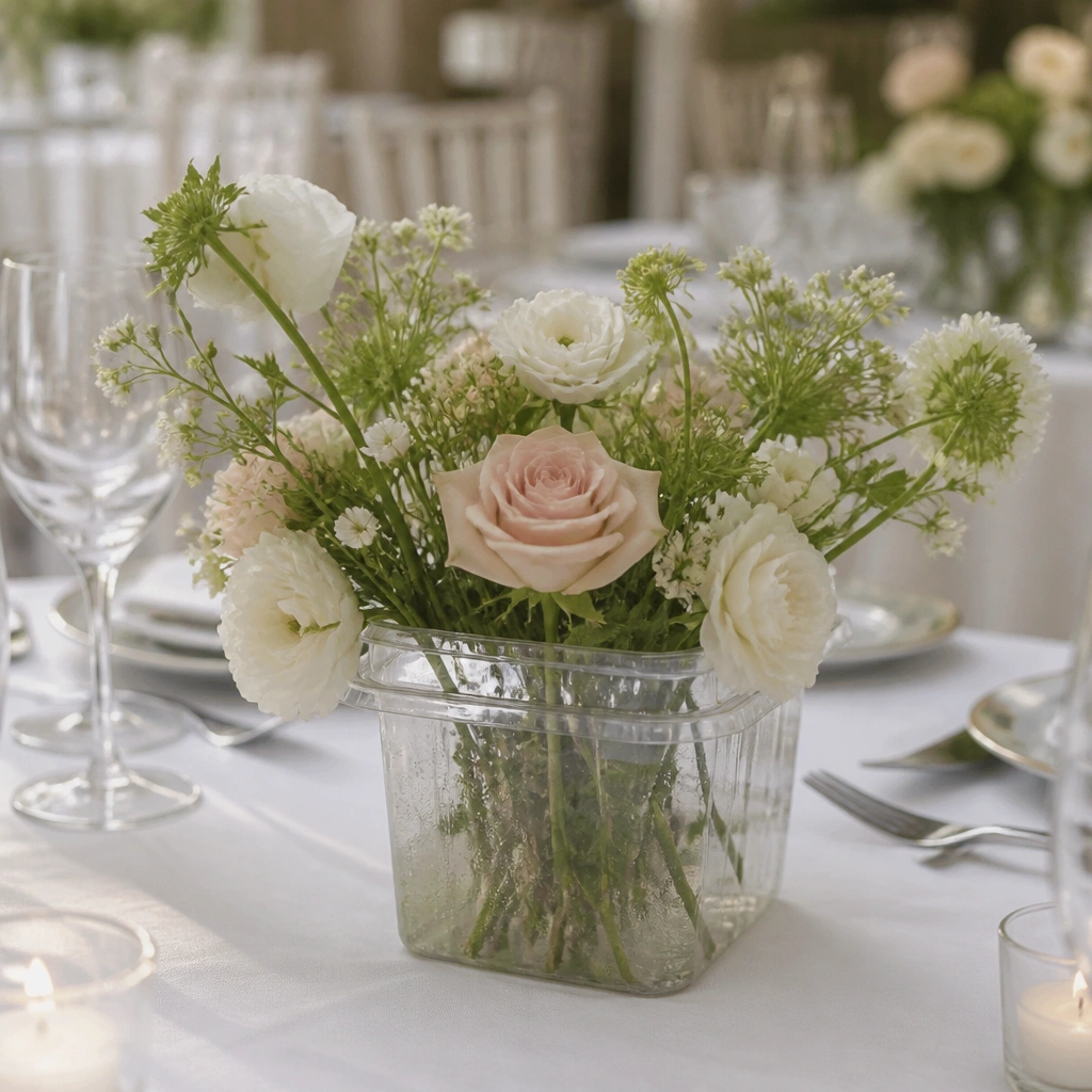 A table centerpiece using a clear plastic container with visible seams and condensation; the photo looks less polished than surrounding decor.