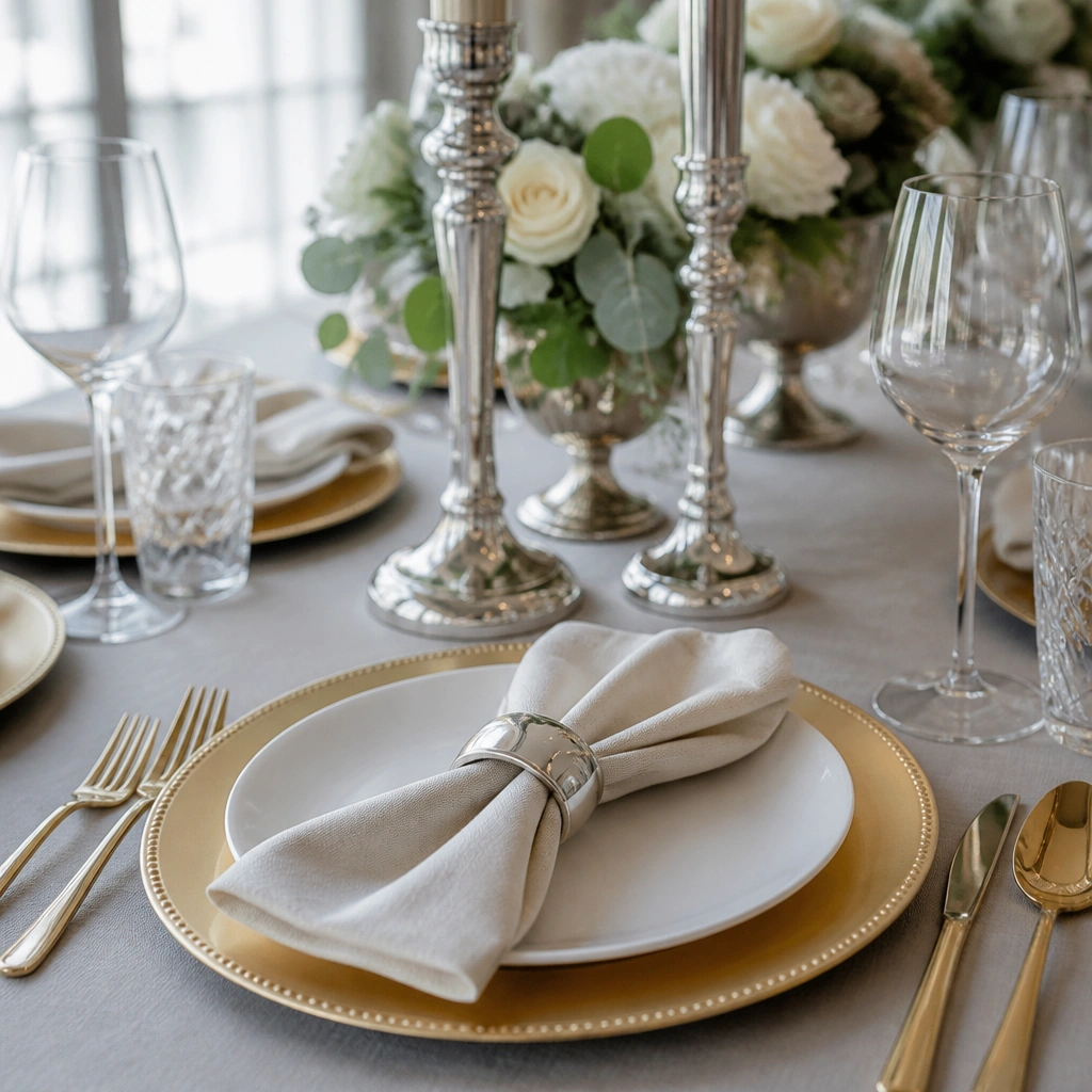 Gold cutlery and gold chargers paired with silver napkin rings and a centerpiece with silver candle holders; the metals clash noticeably.