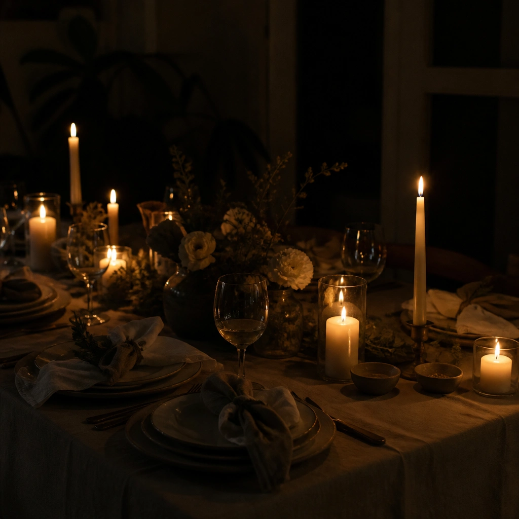 An evening table photo with candles but no additional light; centerpiece details are hard to see and everything looks dark and muted.