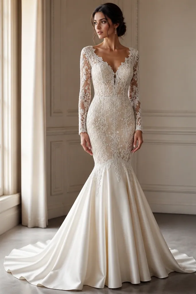 A fitted mermaid wedding dress with long lace sleeves covering the wrists, a scalloped lace neckline, and a nude-tinted lining beneath the lace. The skirt flares at mid-calf and falls in smooth, glossy folds.