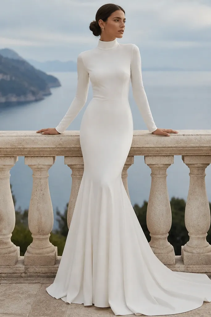 A minimalist long sleeve mermaid gown in matte ivory crepe with a high mock neck, fitted waist, and a dramatic flare that starts below the knee. The sleeves are smooth and uninterrupted, with no lace texture.