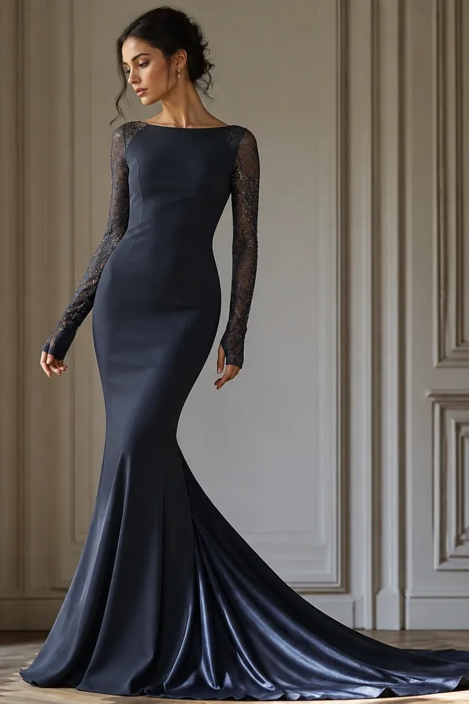 A long sleeve mermaid dress where the lace sleeves have subtle shimmer. The cuffs include thumbholes, and the skirt is visible as a satin-backed layer that catches light near the flare.