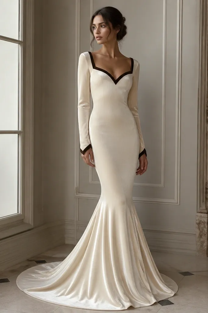 A deep ivory mermaid gown with long sleeves that appear smooth and plush. Velvet trim outlines the neckline and sleeve edges, and the skirt flares with a velvety sheen near the hem.