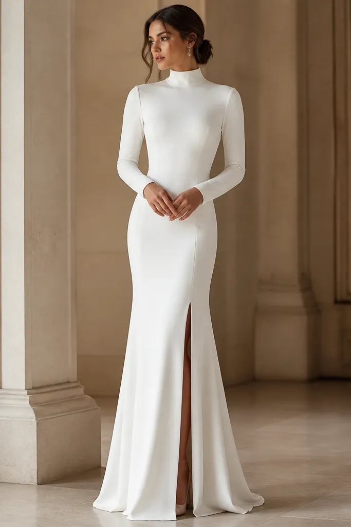 A long sleeve mermaid gown with a high neckline and sleek crepe fabric. The skirt has a subtle side vent near the knee, and the flare falls in clean, straight lines.