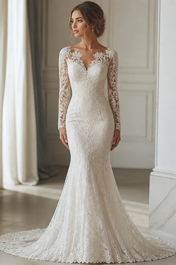 A fitted mermaid silhouette in light ivory with delicate chantilly lace. The sleeves are sheer but backed by a soft lining, and the neckline features lace motifs that match the sleeve pattern.