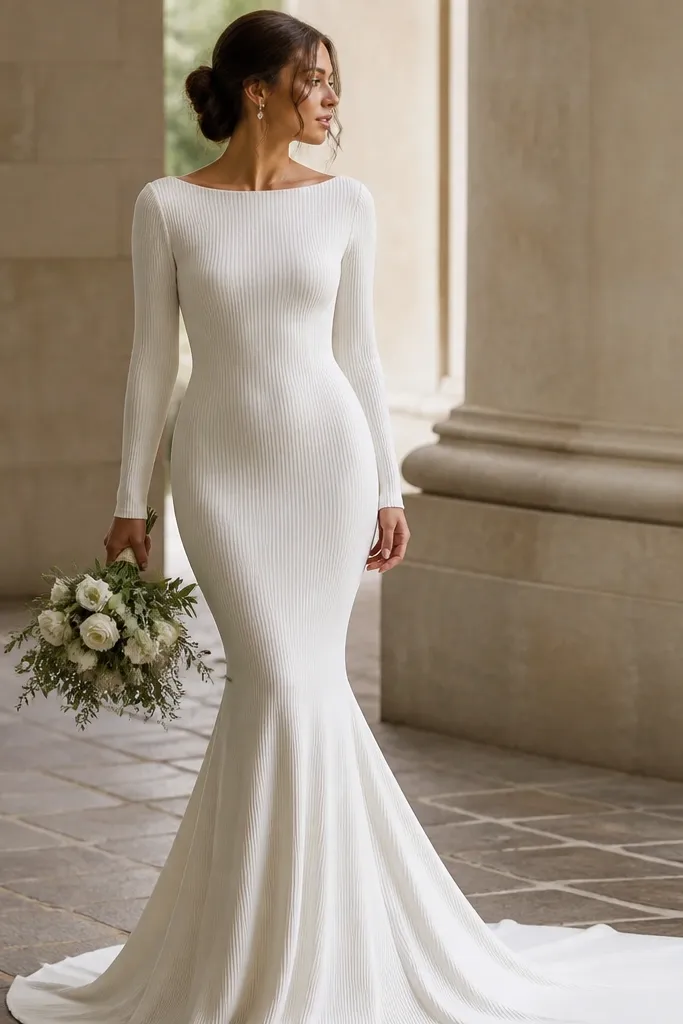 A fitted mermaid wedding dress in soft ivory ribbed knit with long sleeves. The fabric shows subtle vertical texture, and the skirt flares with a gentle, fluid drape rather than a stiff shape.