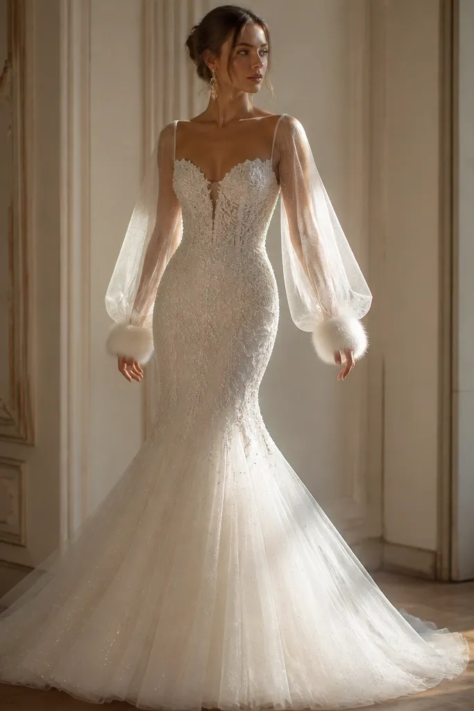 A mermaid gown with long tulle sleeves that look light and delicate. The wrists have removable faux-fur cuffs attached with small hidden fasteners, and the skirt flares in smooth layers.