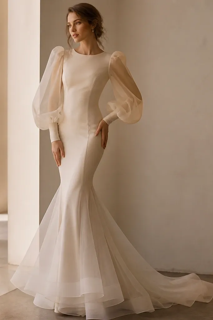 A long sleeve mermaid dress with an organza overlay that adds crisp volume on the sleeves. The interior looks opaque and warm, and the skirt flare shows layered translucency over solid lining.