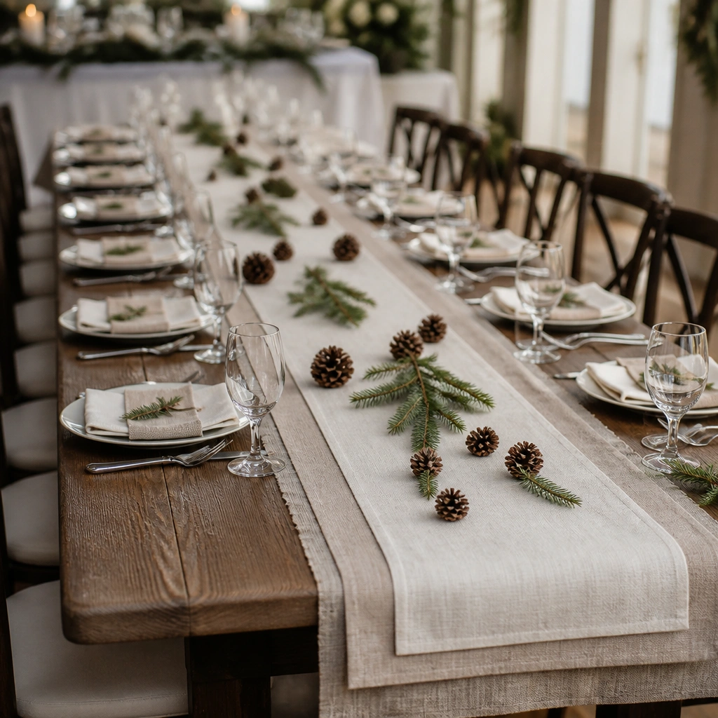 A long reception table topped with a layered oatmeal fabric runner, scattered small pinecones along the center, and sprigs of fresh-looking evergreen tucked at even intervals.