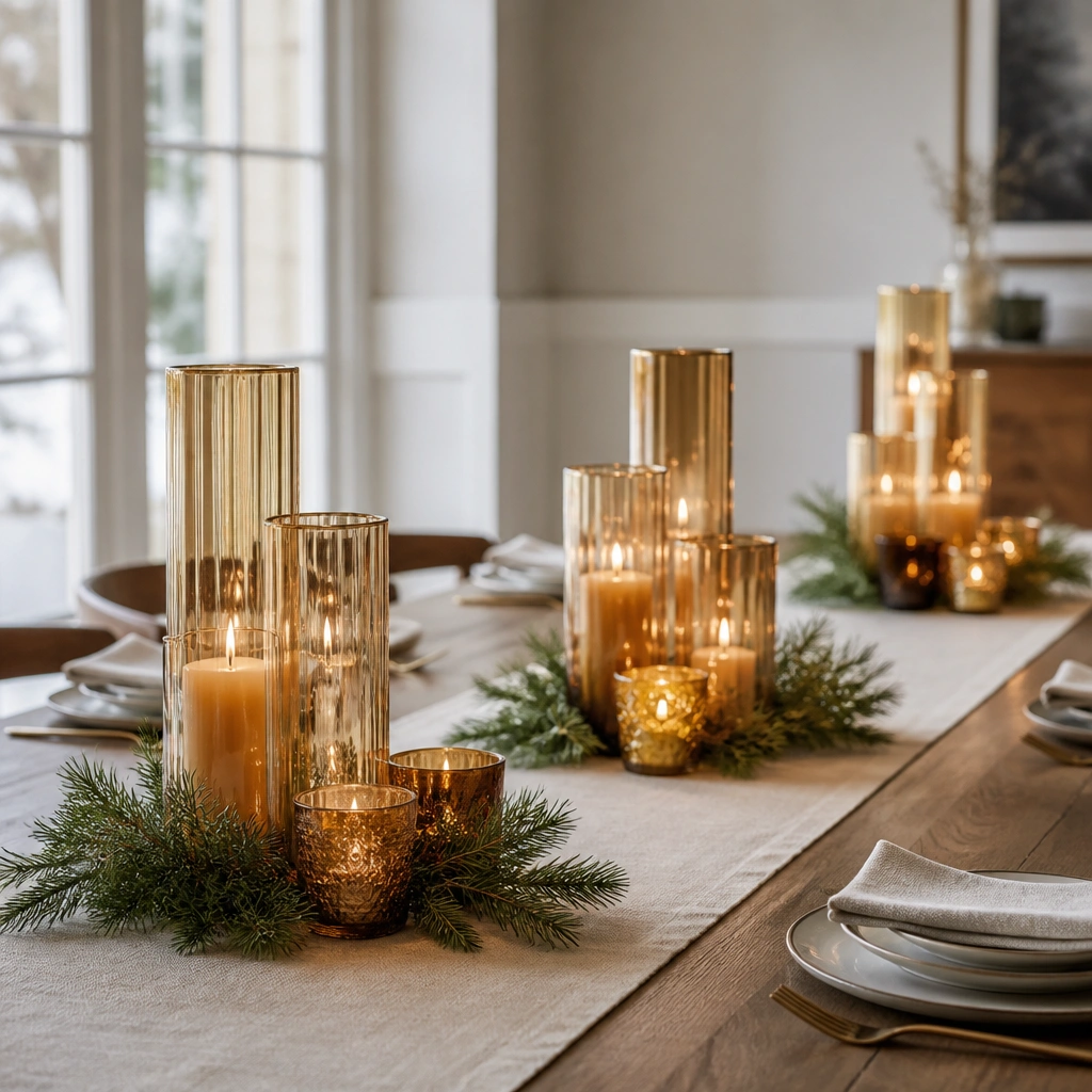 Three groups of varying-height candlesticks in warm gold and amber glass, spaced evenly down a long table, with small evergreen sprigs tucked around the bases.