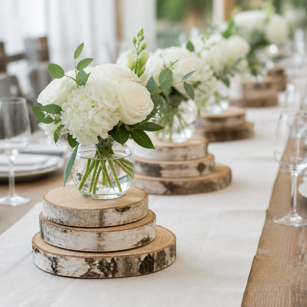 Round birch-log slices stacked like a mini pedestal, each holding a small glass vase with white blooms and a few green leaves, arranged along a long table.