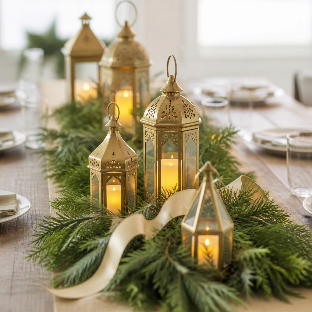 A row of small gold lanterns of different shapes placed down the center of a long table, each with a warm LED candle flickering inside, surrounded by evergreen and ribbon.