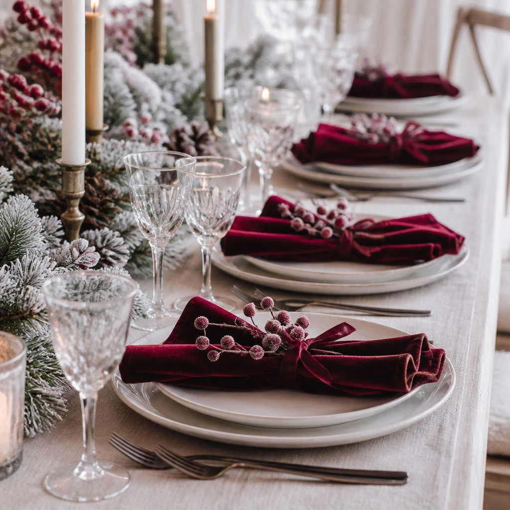 Deep burgundy velvet napkins folded and tied with ribbon, with frosted-looking berry stems tucked near each place setting on a winter-themed long table.