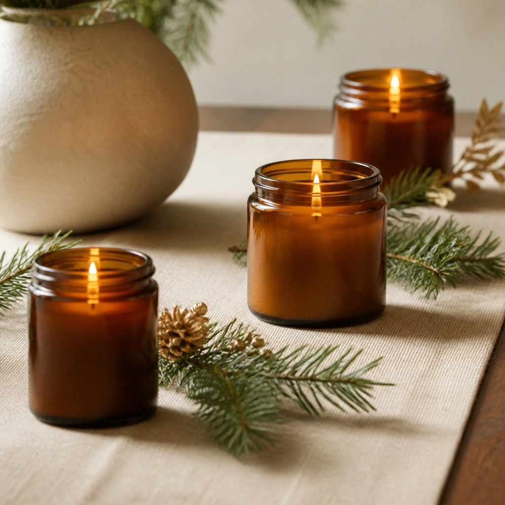 Caramel-brown glass candle jars placed on a neutral linen table runner, with a few sprigs of evergreen and gold accents between them.