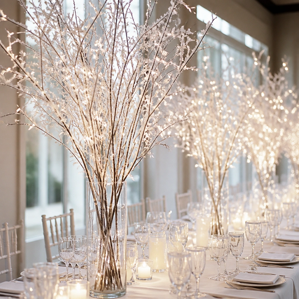 Clear glass vases filled with tall, snowy white branches and warm LED string lights, placed at intervals along a long reception table.
