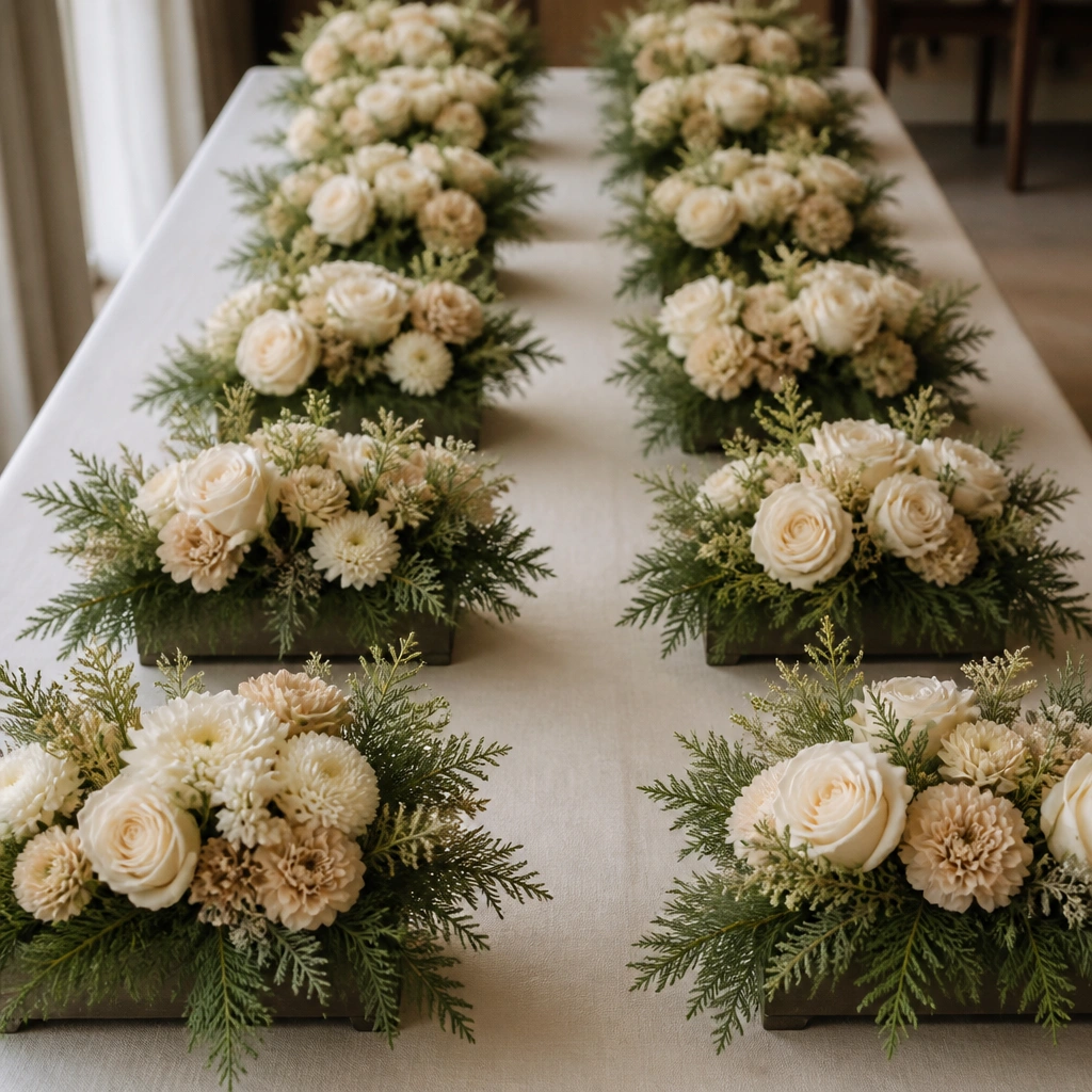 Multiple small rectangular arrangements lined down a long table, each with neutral blooms (cream and beige) backed by evergreen, creating a tidy grid effect.