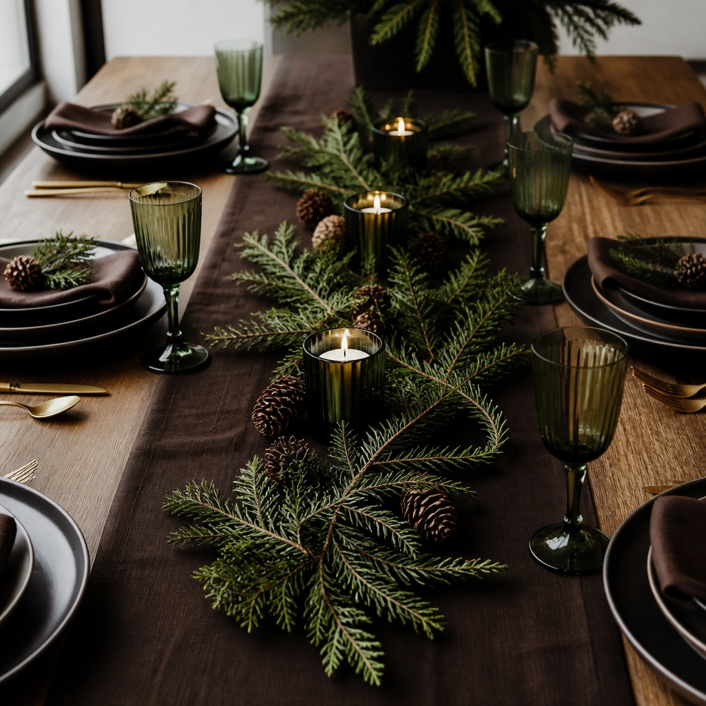 A dark chocolate runner with pine green accents, including small pinecones, evergreen sprigs, and short candle holders spaced along the center.